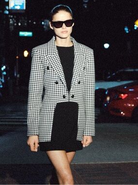 ZARA NEW WOMAN ZW ASYMMETRIC BLAZER CHECK JACKET BLACK WHITE 6136/049/084